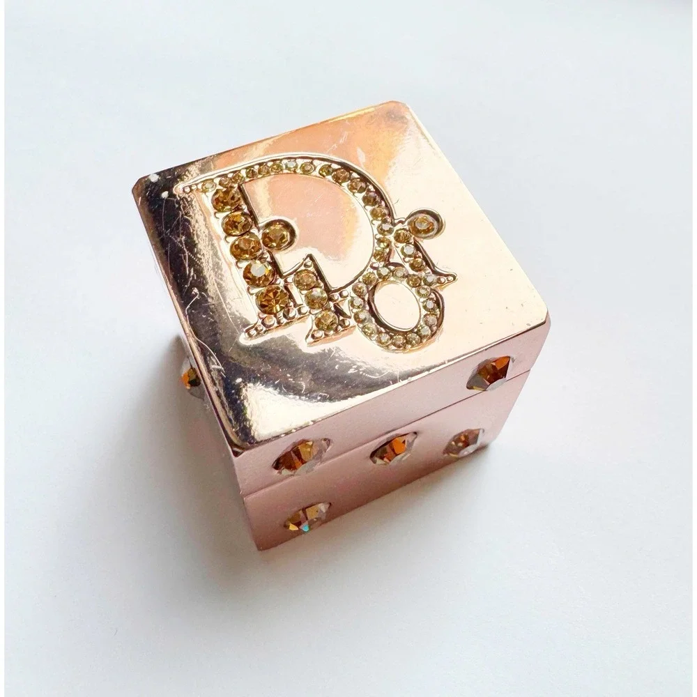 Vintage Rare Dior France Dice Box Case With Rhinestones Metal Mirror